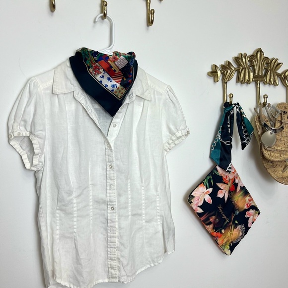 100% linen White short sleeve blouse with tailored chic look M - Picture 4 of 6